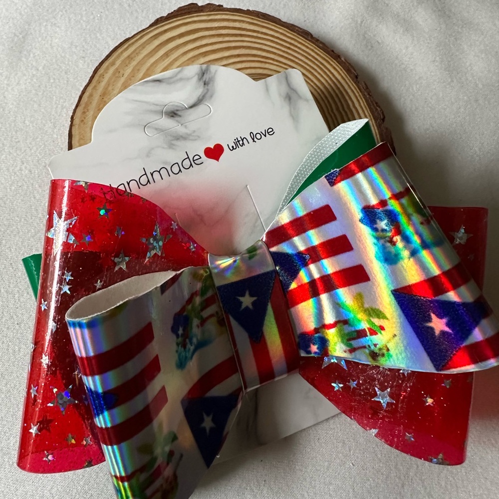 Handmade Holographic Puerto Rico Flag Hair Bow - Red & Silver